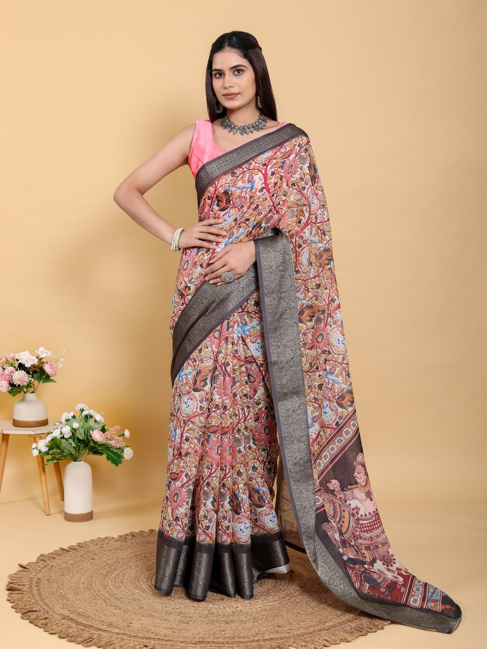 Artistic Pink Linen Cotton Saree | Multi-Print Kalamkari & Fresco Design